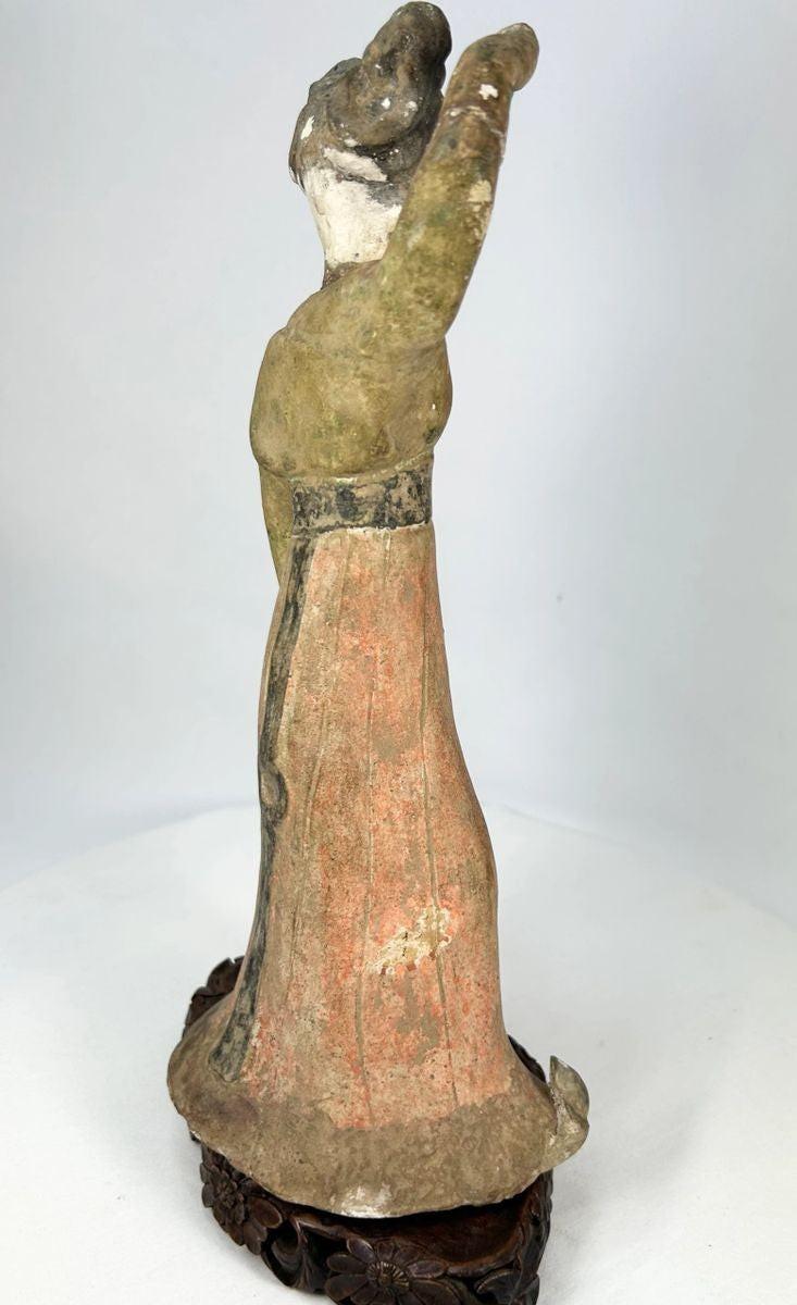Authentic Tang Dynasty female dancer figurine with twin-knot hairstyle and painted facial details
