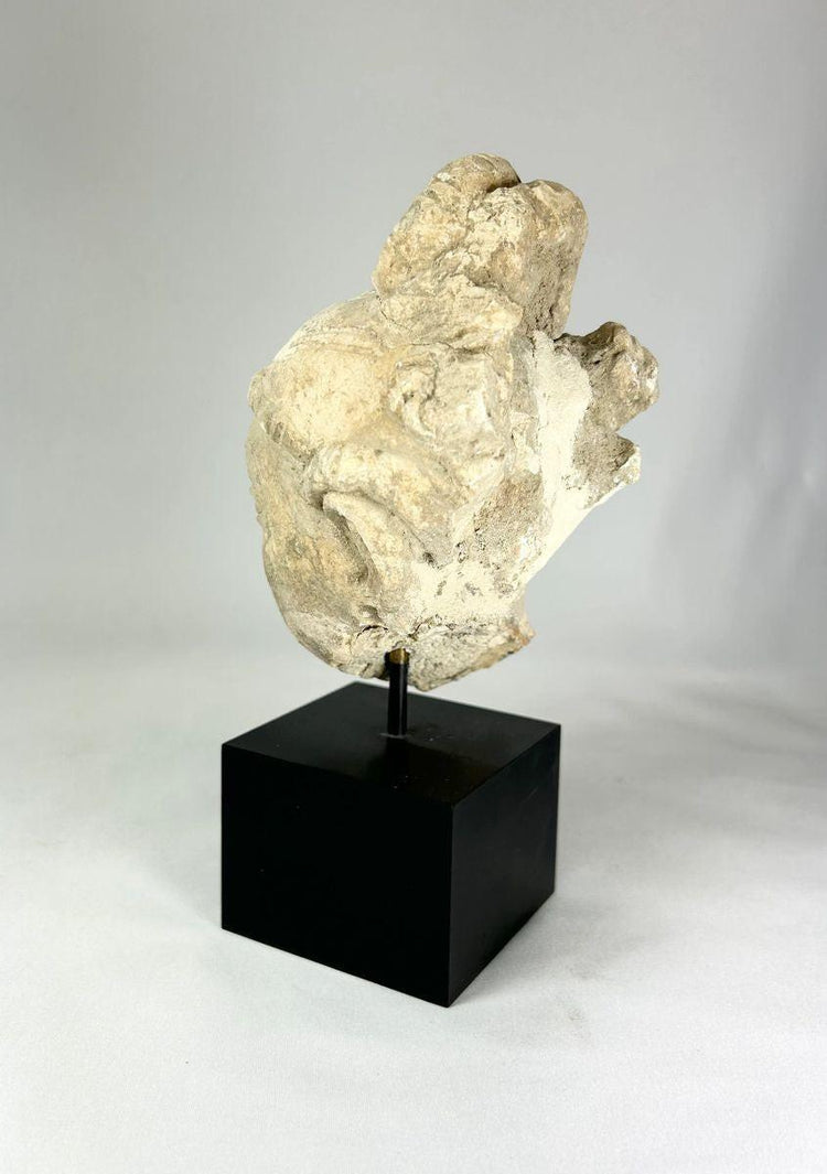 Ancient Southeast Asian stucco Buddha head, 12th–13th century CE, stylized hair, partial halo on display base