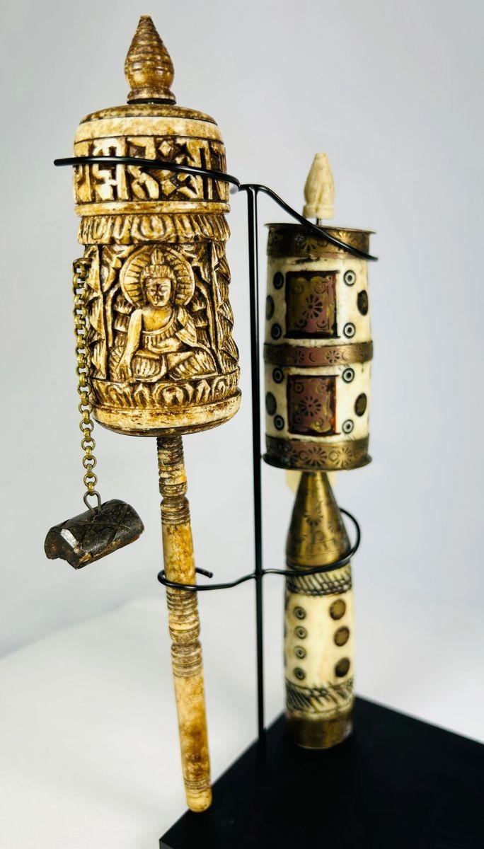 Late 19th-century Tibetan bone and brass prayer wheels on stands