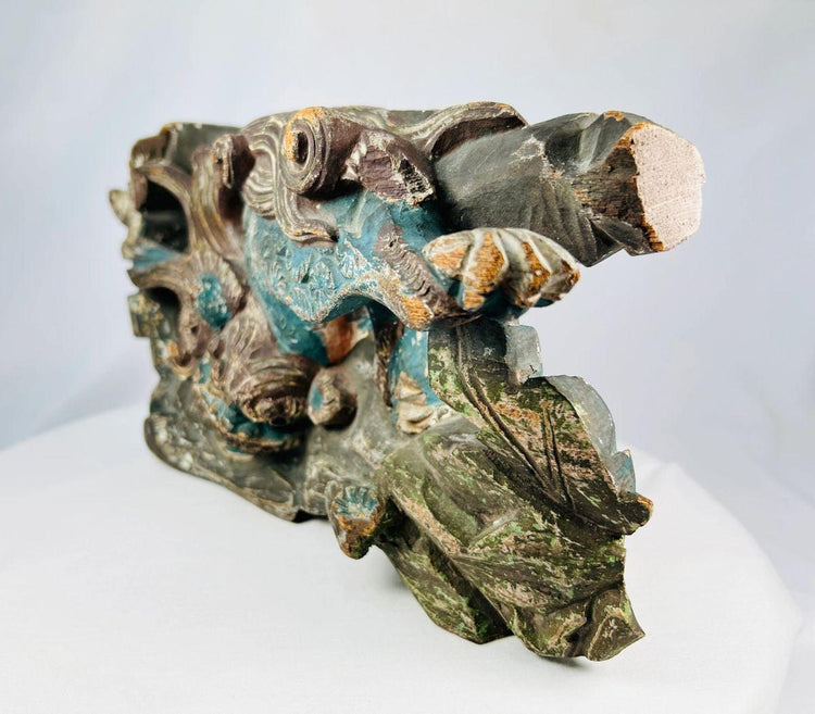 Museum-quality Qing Dynasty Qilin sculpture carved from wood with centuries-old patina