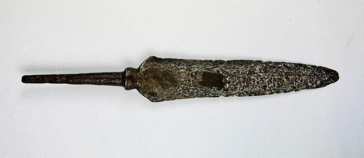 18th-century European forged iron spearhead displayed horizontally on a white background.