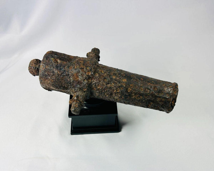 Angled view of an 18th-century British signal cannon with heavy encrustation displayed on a black museum stand.