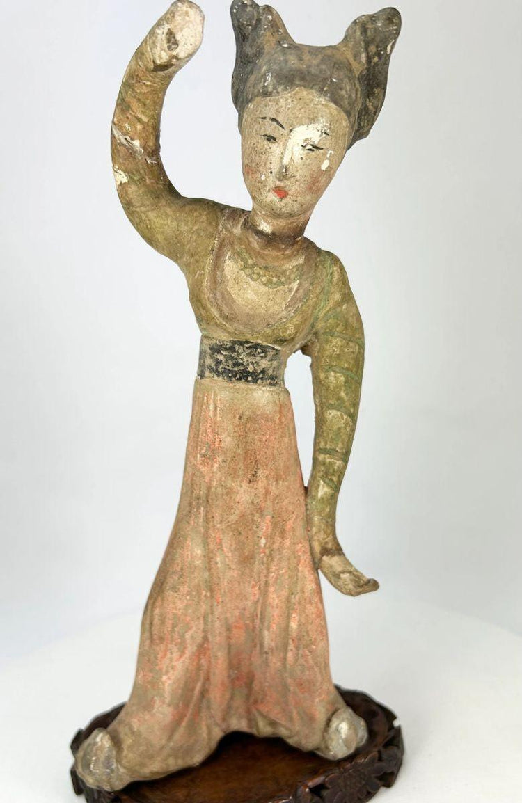 Museum-quality Tang Dynasty mingqi dancer showing expressive movement and courtly attire