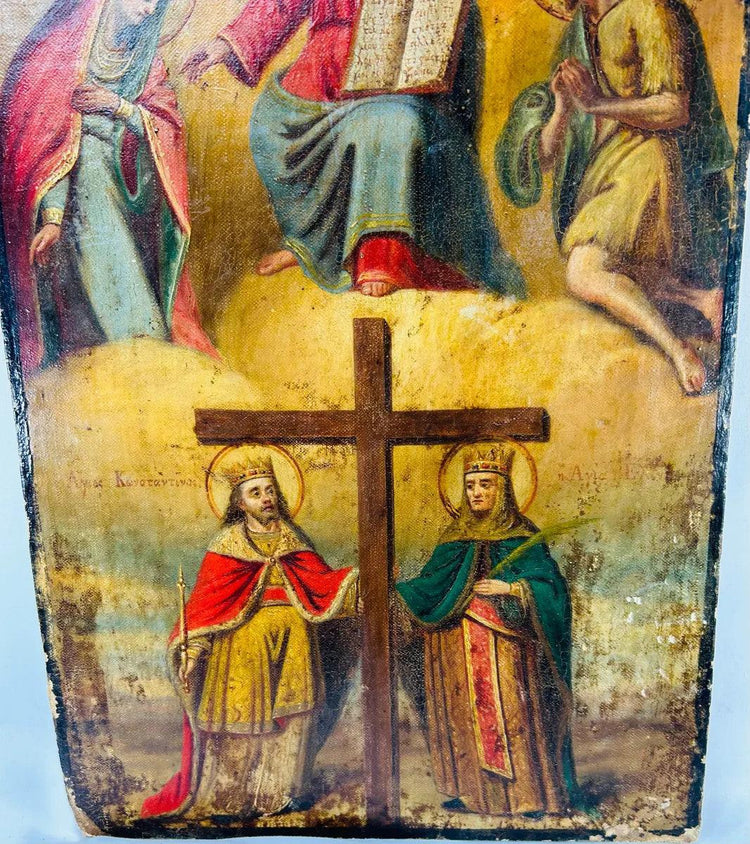 Russian/Eastern Orthodox icon — Saints Constantine and Helena flanking the Cross beneath Christ enthroned with Gospel, tempera on wood
