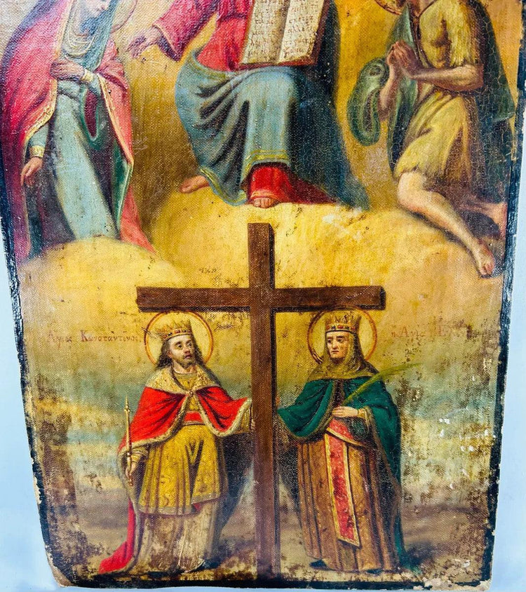 Russian/Eastern Orthodox icon — Saints Constantine and Helena flanking the Cross beneath Christ enthroned with Gospel, tempera on wood