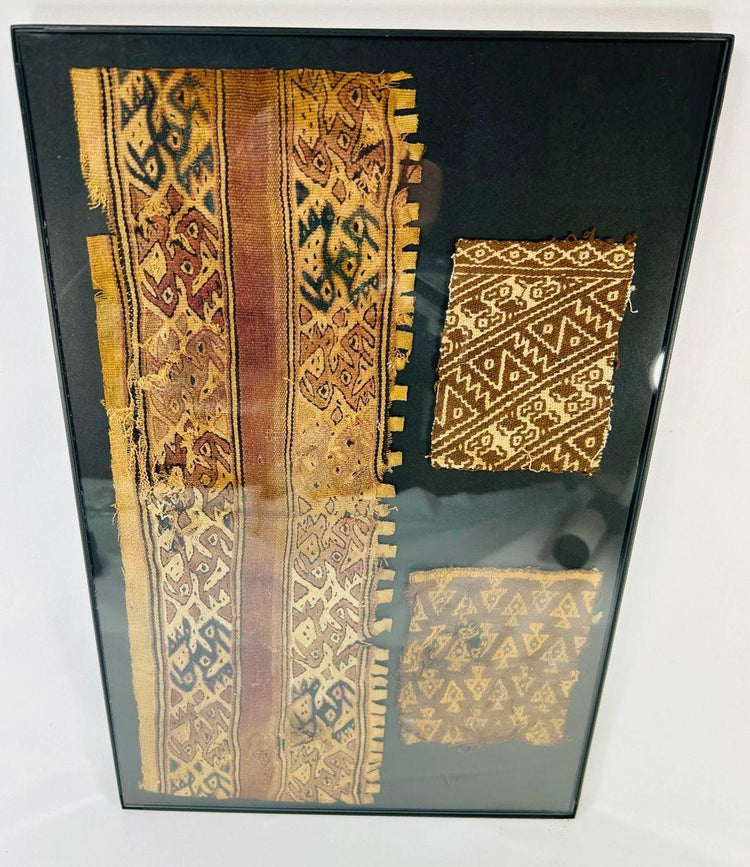 Ancient Andean textile pieces with geometric designs and preserved color from the Chancay culture.