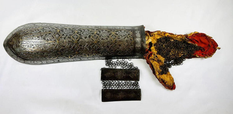 Persian Qajar-era steel bazu band 19th century with gold koftgari inlay