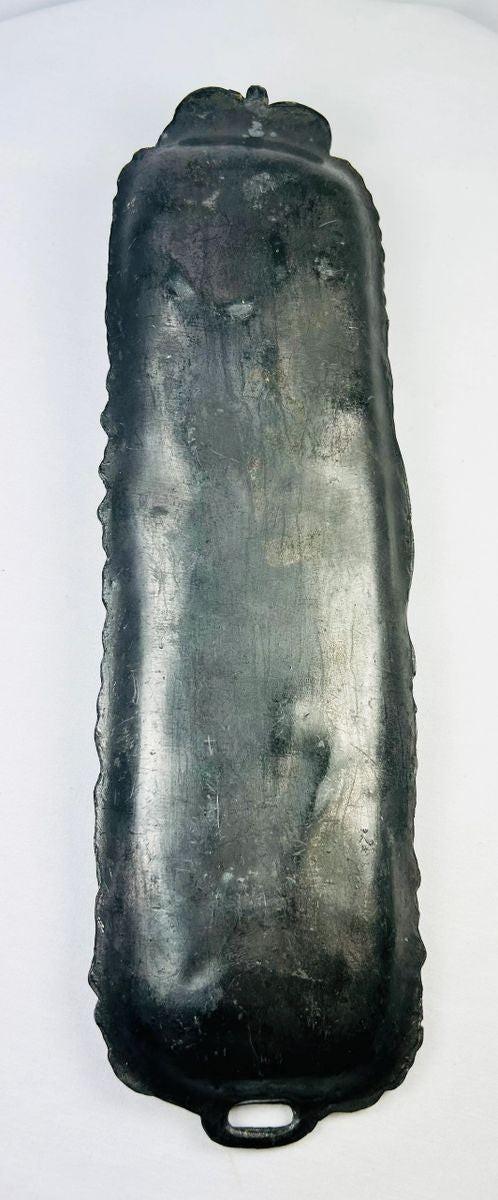 Antique Chinese cast metal tray featuring Daoist immortals and symbolic patterns