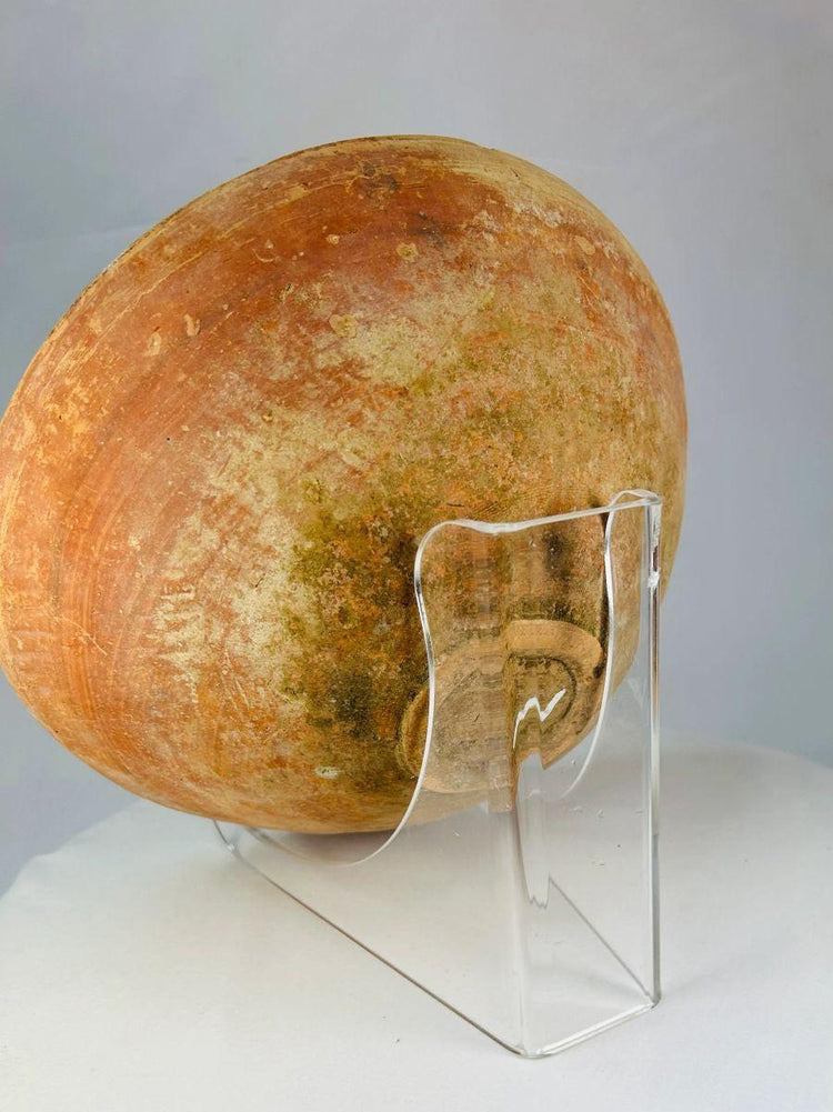 Back view of ancient Indus Valley pottery vessel with black-painted concentric designs.