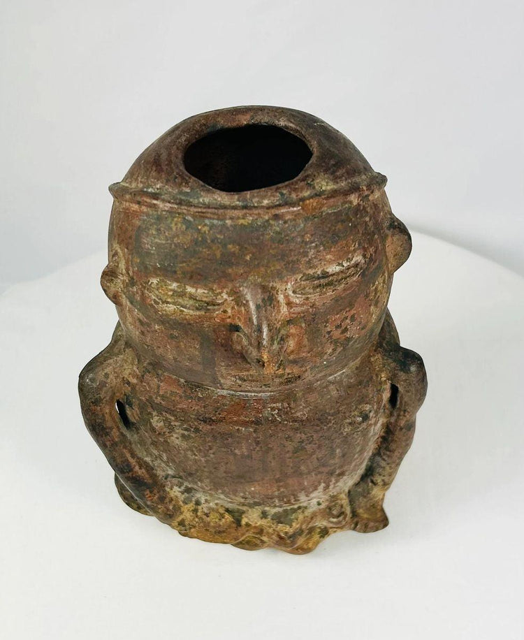 Pre-Columbian terracotta effigy vessel with head opening — ritual container used for offerings, 500 BCE–900 CE, photographed by Relic and Rarity