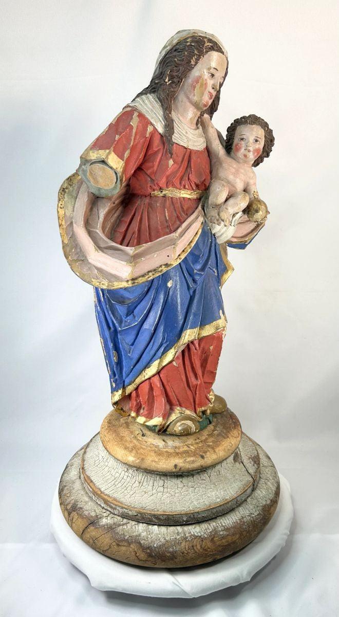Spanish Colonial Madonna and Child statue, hand-carved wood with original polychrome and gilding, late 18th–19th century devotional figure.