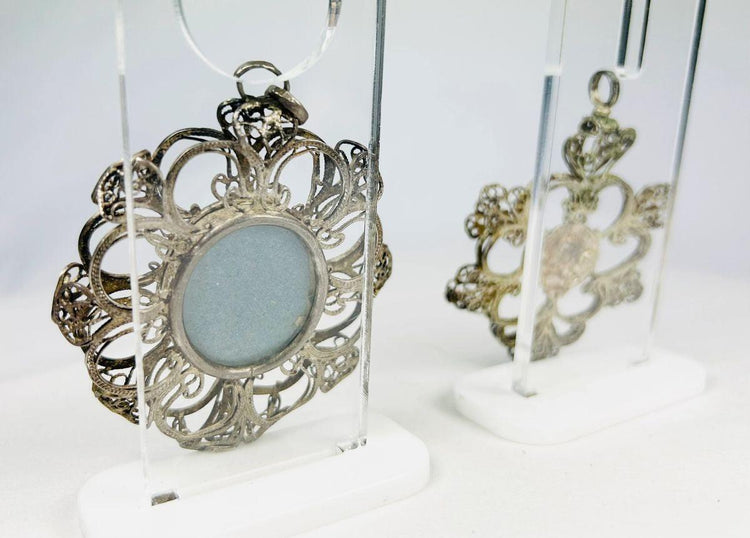 Antique Catholic pendant with silver frame and religious portrait