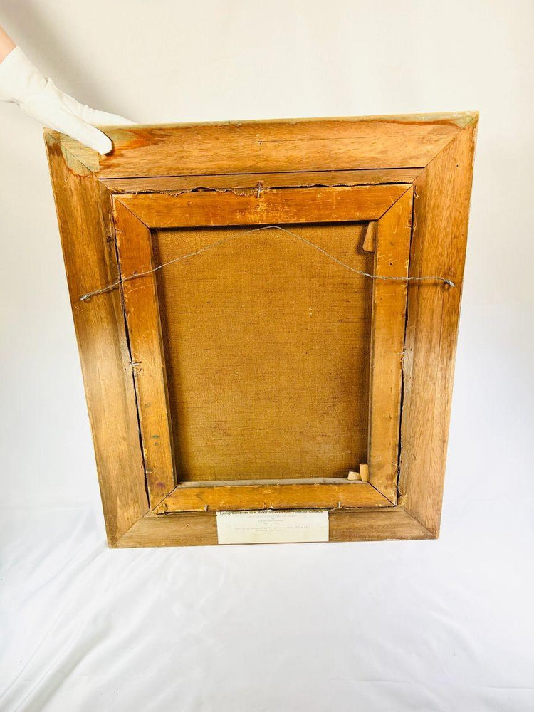 Mid-20th century still life artwork, oil on canvas, green vase, grapes, apples, signed by artist, gilded frame