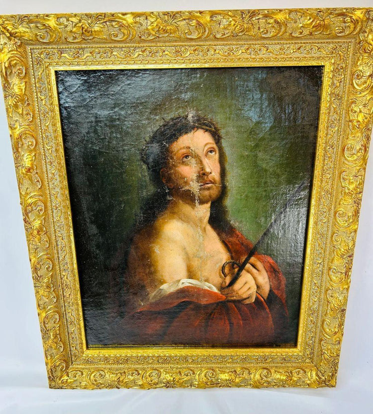 Sacred Christian artwork of Jesus wearing Crown of Thorns, antique oil on canvas circa 1700s.
