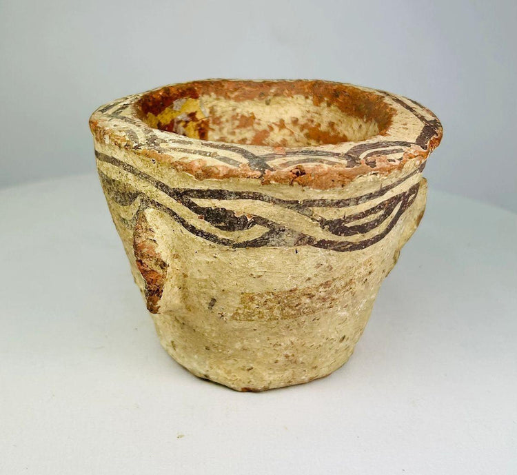 Islamic Afghan terracotta pottery mortar with decorative slip motifs, 12th century CE