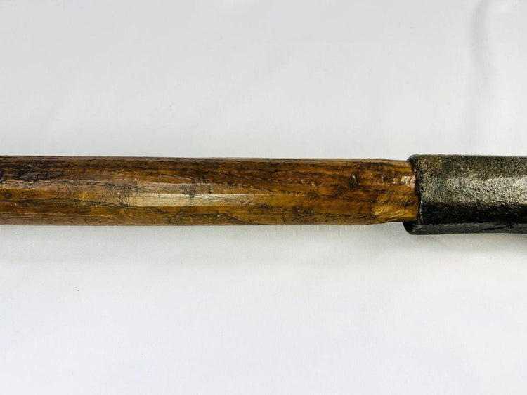 Rare 18th-century European axe with broad curved blade and distinctive forge maker’s stamps.