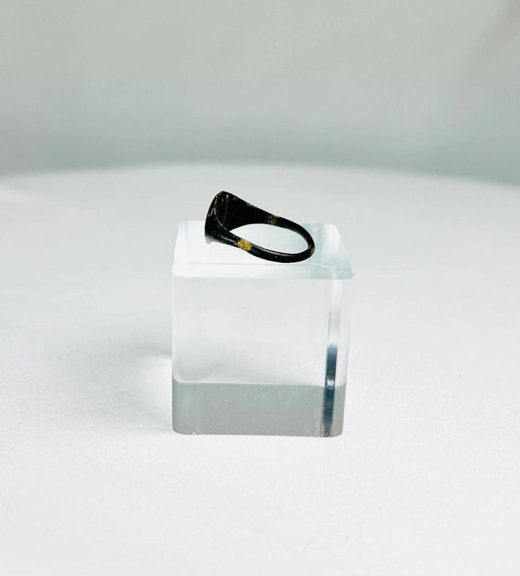 Bronze ring with horned bull engraving and natural green patina