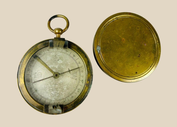 Antique French brass compass with folding sighting vanes 19th century