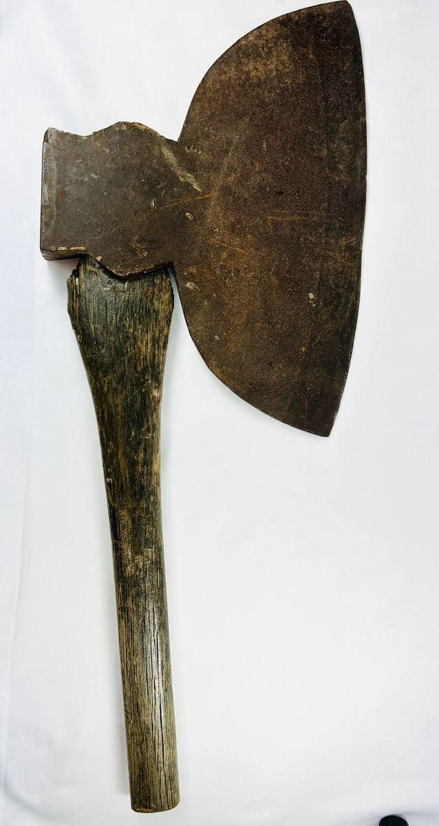 Forged steel broadhead axe from 19th-century America, sturdy wooden handle, M.H. Jones & Co., New York