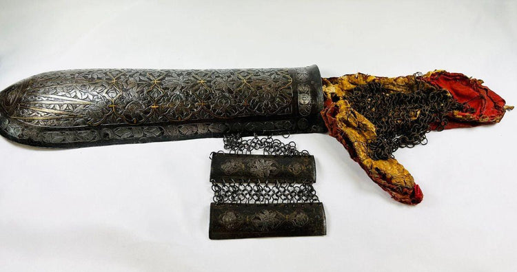 Authentic Qajar arm guard with original chain-mail and red fabric lining