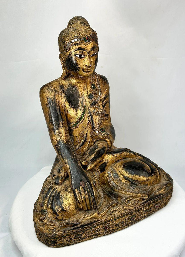 Thai Buddha Statue in Bhumisparsha Mudra — Hand-Carved Gilt Wooden Figure with Gem Inlays, 19th–Early 20th Century Temple Art | Relic and Rarity