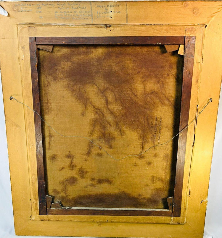 Back of the Victorian oil painting “Happy Moments” by Edward John Cobbett R.B.A., showing aged canvas, original wooden stretcher, and handwritten gallery notes, circa 1860–1880.