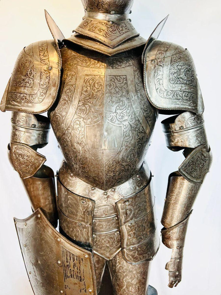 Antique armor 80 inches tall mounted on custom wooden display stand