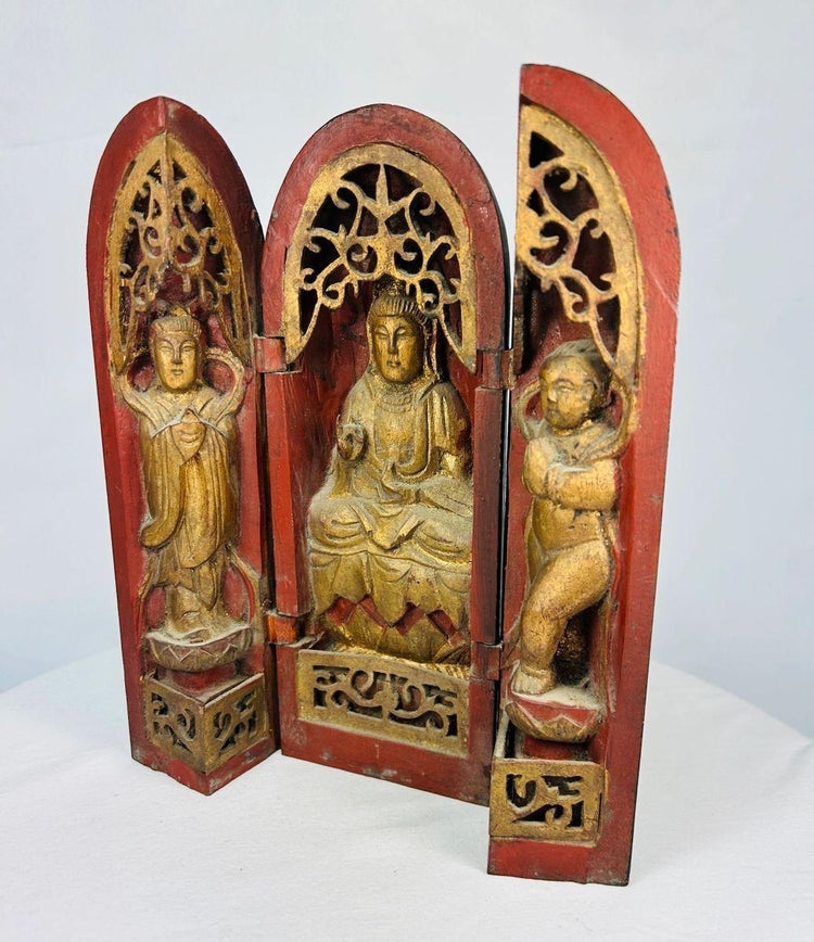 Hand-carved Qing Dynasty triptych shrine with lacquered wood and traces of gold leaf