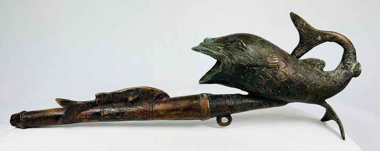 Early–mid 20th-century Cameroonian bronze fish-shaped ceremonial pipe