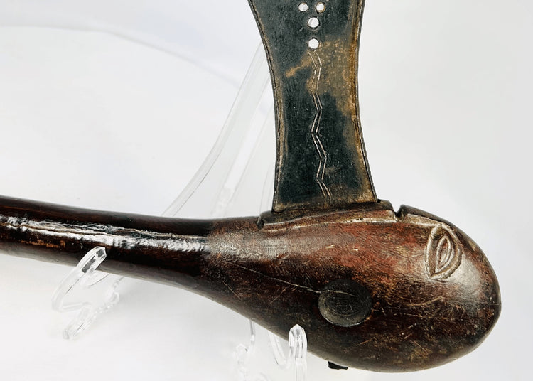 Museum-quality Luba prestige axe from the Congo with faniform blade and sculptural hardwood haft