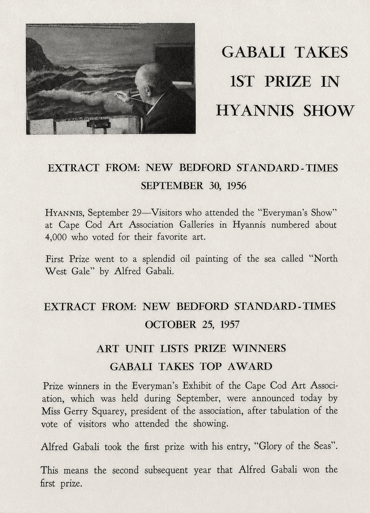 Alfred Gabali painting provenance with 1956 and 1957 newspaper clippings documenting his first-prize Cape Cod Art Association awards.