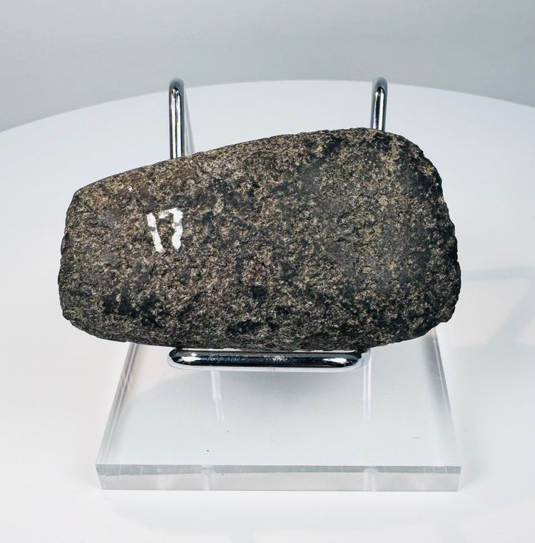 Ancient South American ground stone axe with dark mottled patina and archaeological collection number, 200–800 CE.