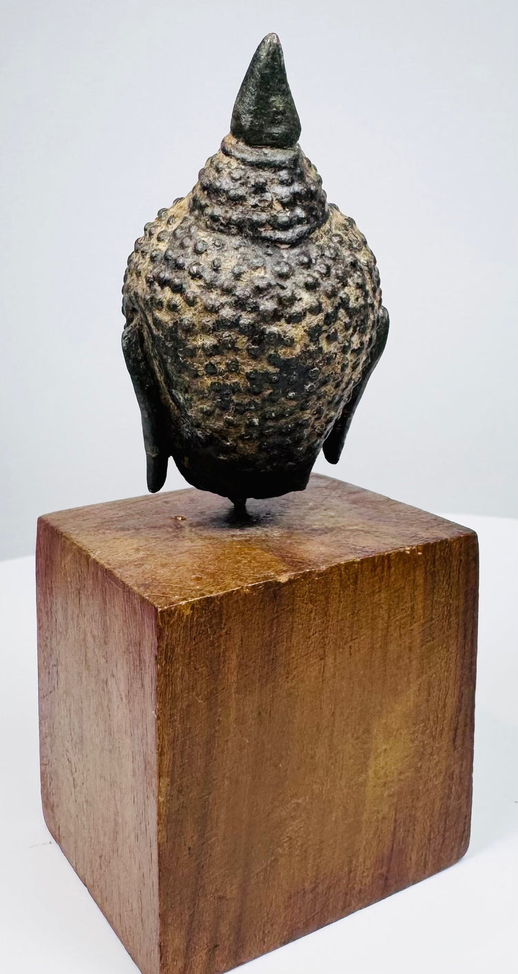 Bronze Buddha head showing dense rows of curls, mottled surface patina, and a pointed topknot above its wooden mount.