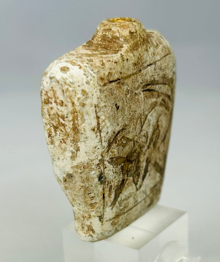 Ancient stone flask charm with drilled suspension neck and encrusted patina