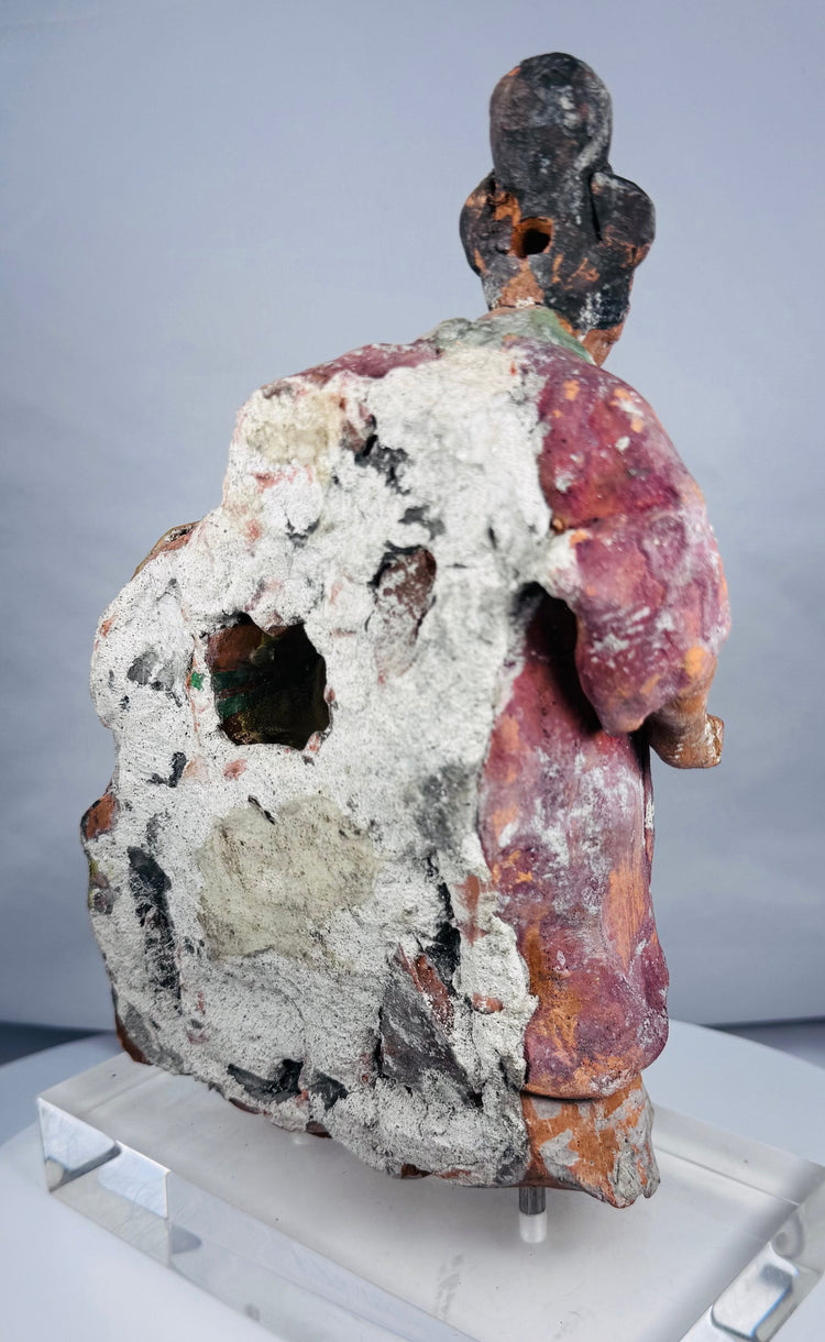 Detailed reverse view of Chinese architectural terracotta fragment with old filling and mounting hardware