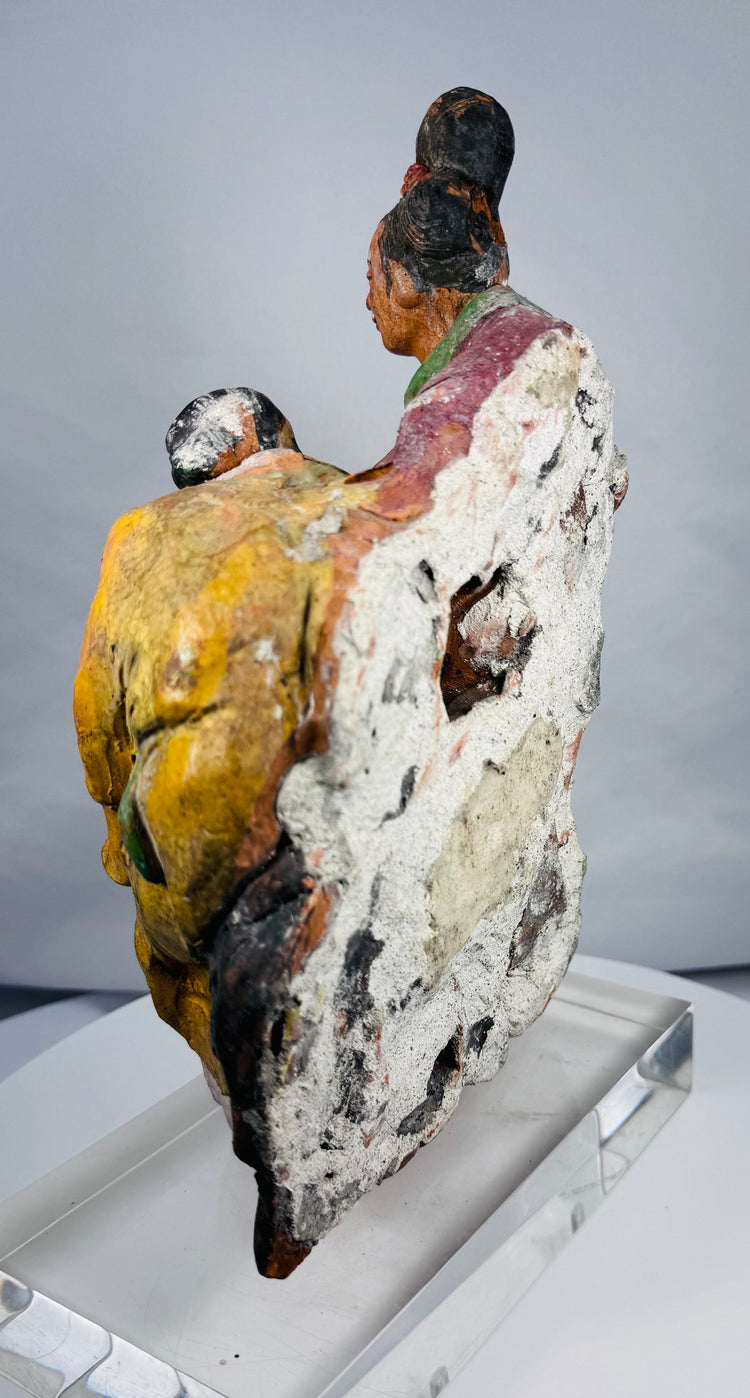 Rear view of Chinese terracotta filial piety group showing coarse plaster and mortar backing
