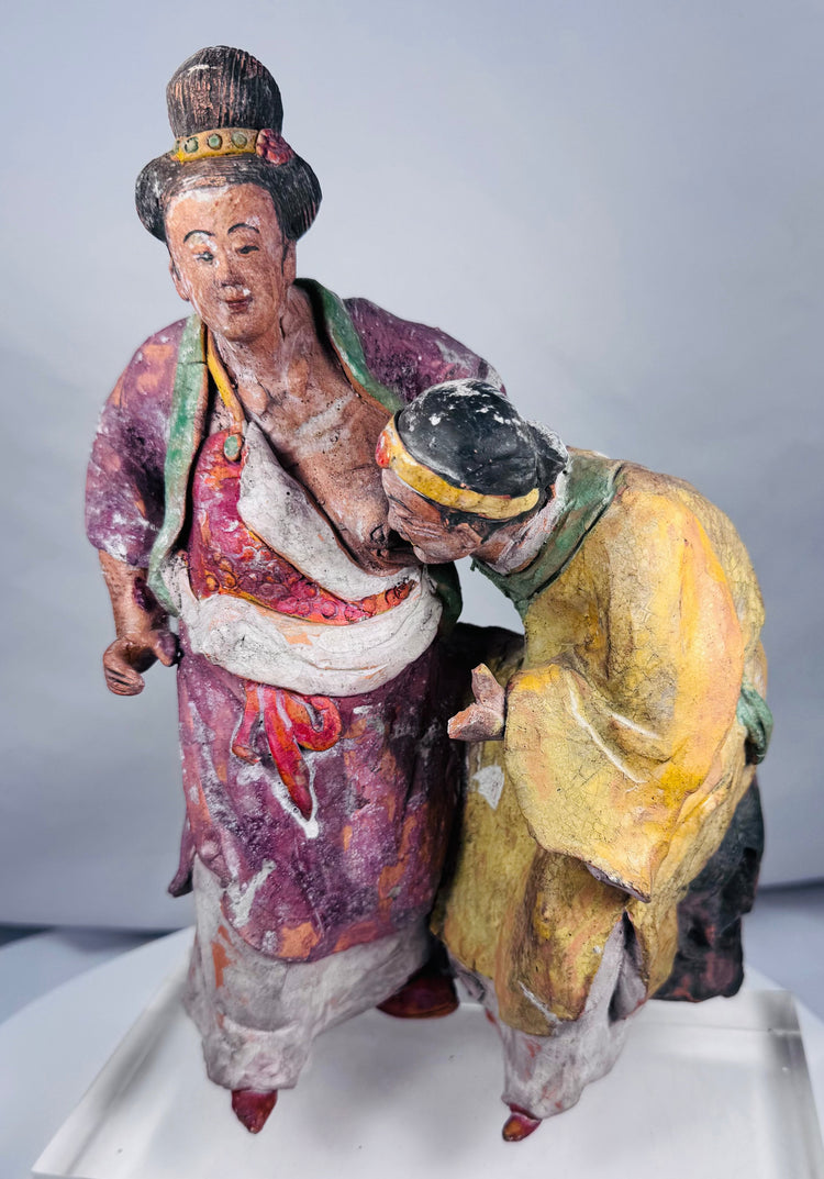 Painted Chinese sculptural group with standing daughter-in-law and elderly woman in yellow robes