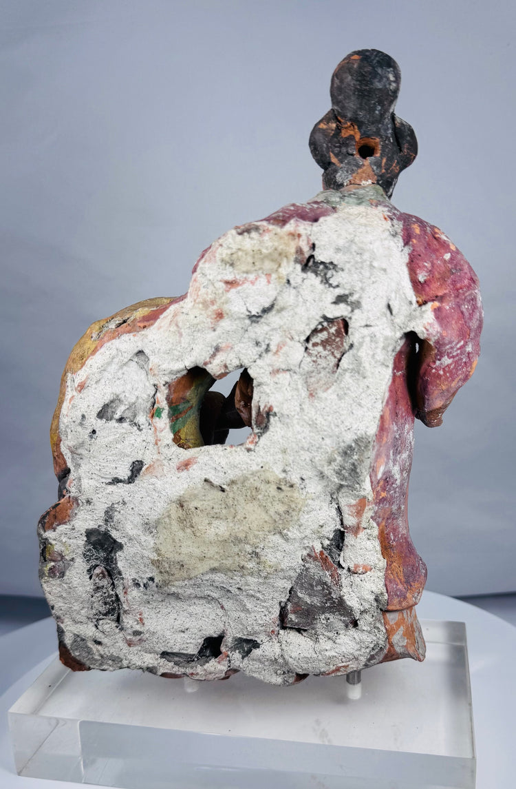 Side and back view of painted Chinese terracotta figures showing projecting relief construction