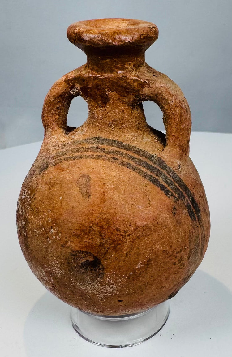 Cypro-Geometric miniature pottery vessel with orange-red slip and black bands