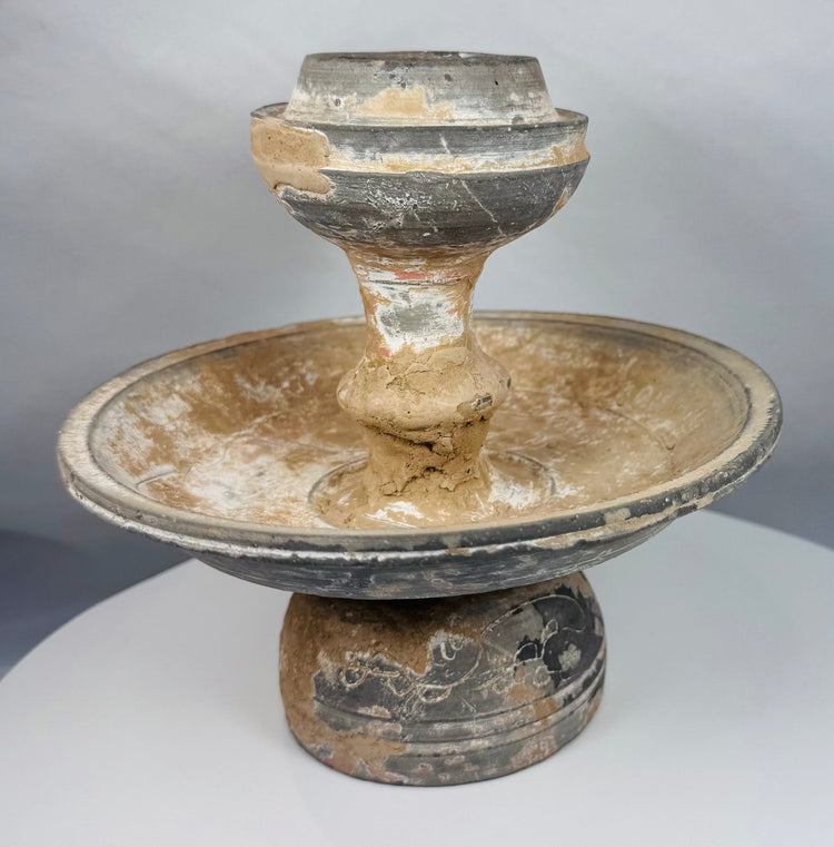 Museum-quality terracotta ritual vessel with pedestal base and architectural form