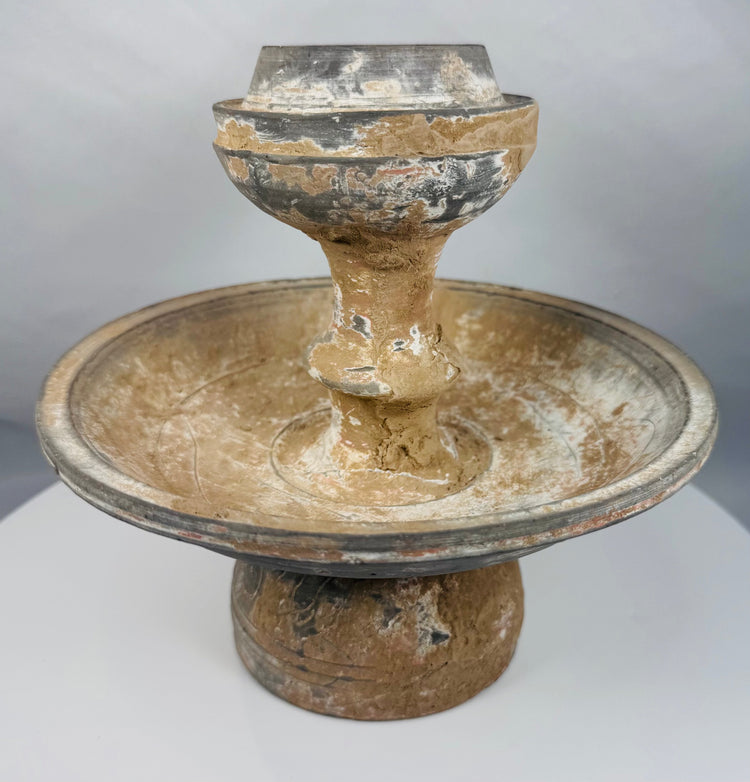 Ancient Near Eastern terracotta offering vessel raised on a pedestal foot