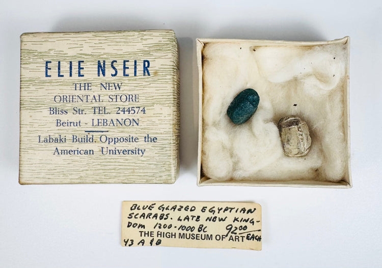 Ancient Egyptian scarab amulets with original presentation box and handwritten museum inventory label