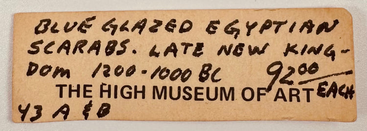 Original handwritten High Museum of Art gift shop inventory label for Egyptian scarabs