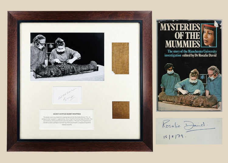 Framed Ancient Egyptian linen mummy wrapping fragments with Rosalie David signed book and photo display