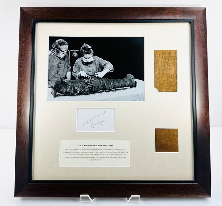Straight-on framed Ancient Egyptian woven linen fragments and Manchester Mummy 1770 documentation