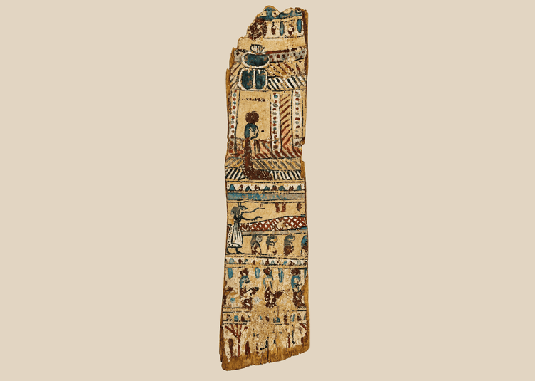 Front view of ancient Egyptian painted coffin fragment with colorful hieroglyphic scenes on beige background