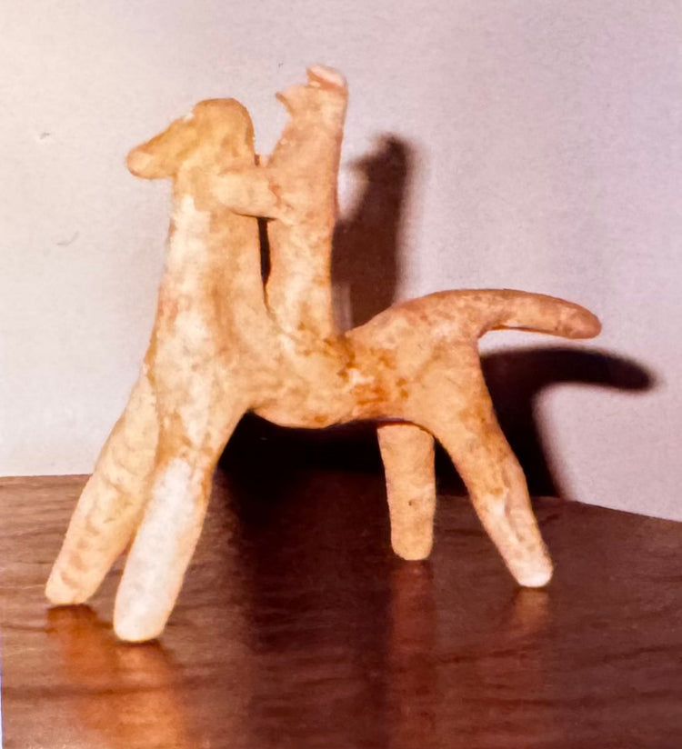 Period provenance photograph documenting the ancient Boeotian terracotta horse and rider figure shortly after its acquisition into a private collection.