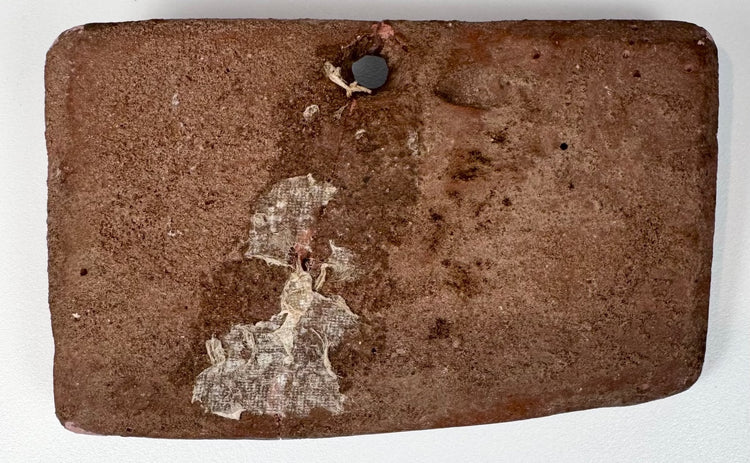 Early Historic Indian terracotta feline plaque with flat reverse, suspension hole, and remnants of an old collection label.