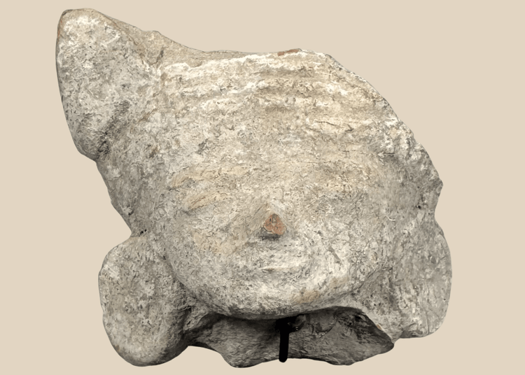 Pre-Columbian terracotta head fragment depicting a stylized human face with closed eyes and large ear ornaments.