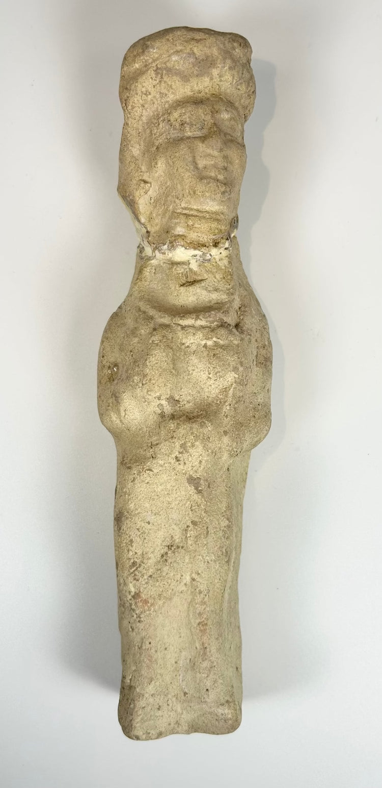 Neo-Babylonian style clay figurine with stylized facial features